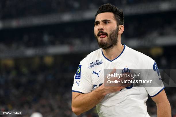 Marseille's Bosnian defender Sead Kolasinac celebrates scoring his team's first goal during the French L1 football match between Olympique Marseille...