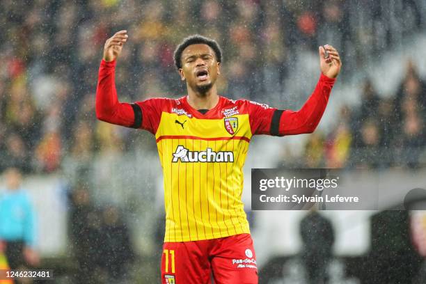 Lois Openda of RC Lens reacts during the Ligue 1 Uber Eats match between Racing Club de Lens and Auxerre at Stade Bollaert-Delelis on January 14,...