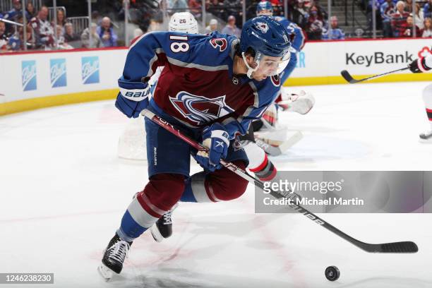 Alex Newhook of the Colorado Avalanche skates against the Ottawa Senators at Ball Arena on January 14, 2023 in Denver, Colorado.