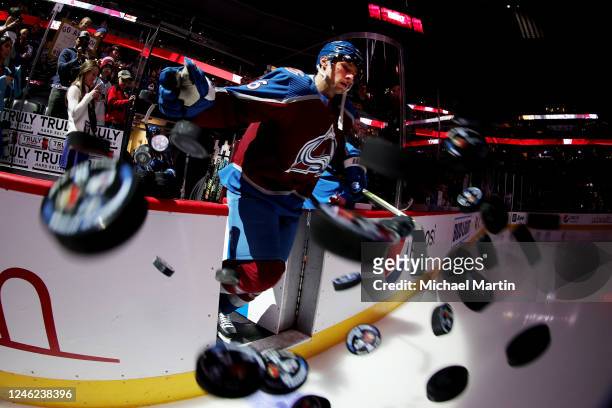 Erik Johnson of the Colorado Avalanche takes to the ice prior to the game against the Ottawa Senators at Ball Arena on January 14, 2023 in Denver,...