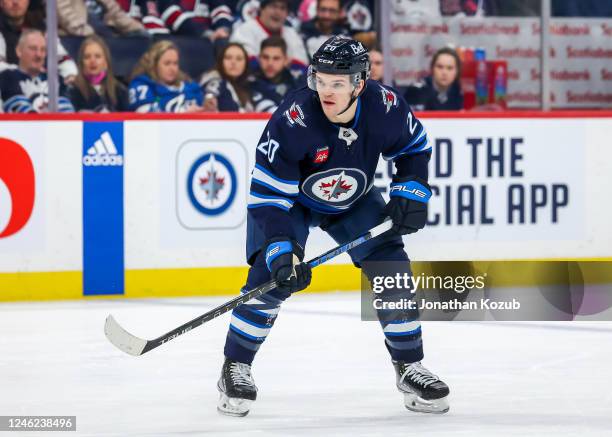 Karson Kuhlman of the Winnipeg Jets skates during second period action against the Vancouver Canucks at Canada Life Centre on January 08, 2023 in...