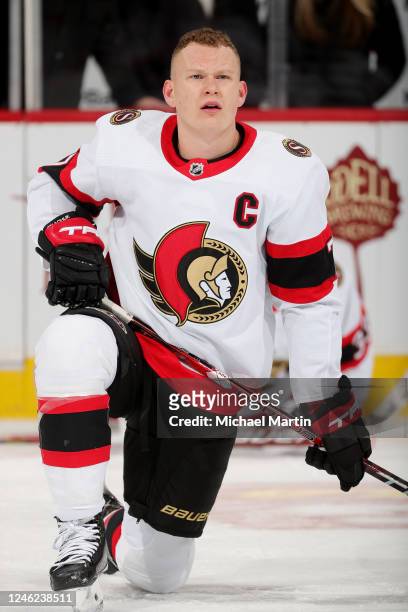 Brady Tkachuk of the Ottawa Senators warms up prior to the game against the Colorado Avalanche at Ball Arena on January 14, 2023 in Denver, Colorado.
