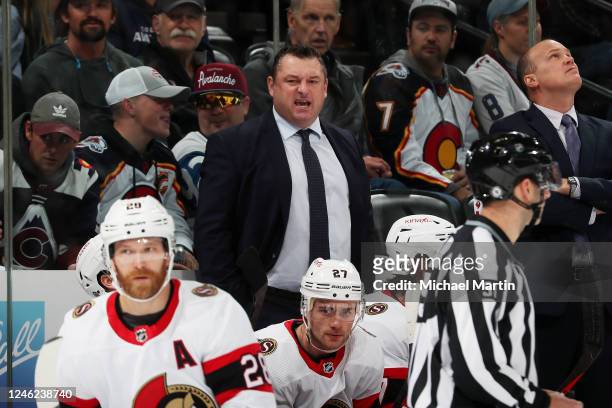 Smith, head coach of the Ottawa Senators, reacts during the first period against the Colorado Avalanche at Ball Arena on January 14, 2023 in Denver,...