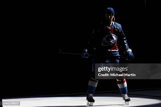 Nathan MacKinnon of the Colorado Avalanche takes to the ice prior to the game against the Ottawa Senators at Ball Arena on January 14, 2023 in...