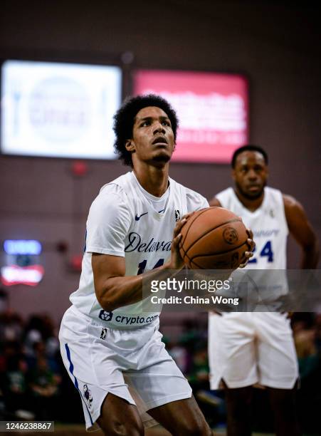 Patrick McCaw of the Delaware Blue Coats prepares to shoot a free throw against the Maine Celtics on January 14, 2023 at Portland Expo Center in...