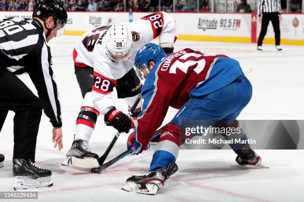 Compher of the Colorado Avalanche faces off against Claude Giroux of the Ottawa Senators at Ball Arena on January 14, 2023 in Denver, Colorado.