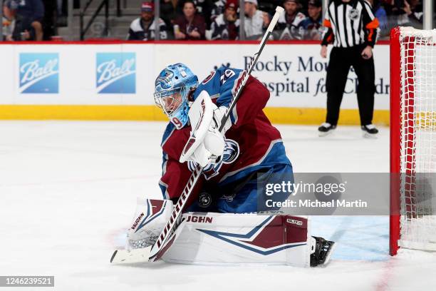 Goaltender Pavel Francouz of the Colorado Avalanche deflects a puck in the second period against the Ottawa Senators at Ball Arena on January 14,...