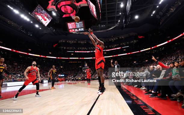 January 14 In first half action, the Raptors OG Anunoby shoots a 3 as a fan wills it to go in. The Toronto Raptors took on the Atlanta Hawks in NBA...