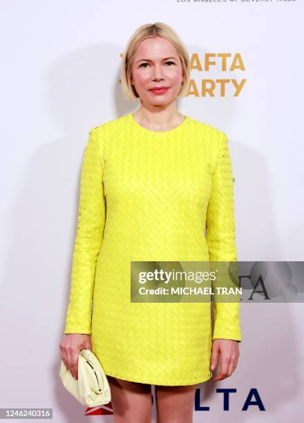 Actress Michelle Williams arrives for the BAFTA Tea Party at the Four Seasons Hotel in Los Angeles, California, on January 14, 2023.