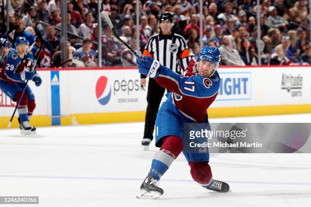 Brad Hunt of the Colorado Avalanche scores against the Ottawa Senators at Ball Arena on January 14, 2023 in Denver, Colorado. The Avalanche defeated...