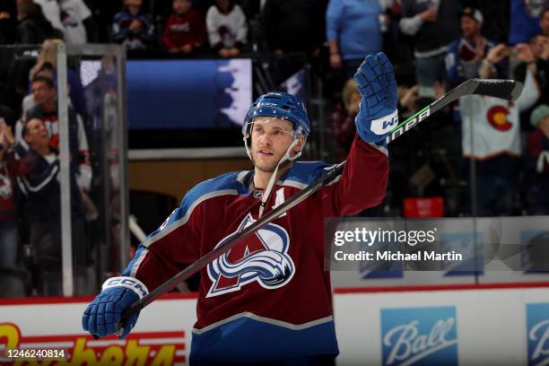 Mikko Rantanen of the Colorado Avalanche celebrates a win against the Ottawa Senators at Ball Arena on January 14, 2023 in Denver, Colorado. The...