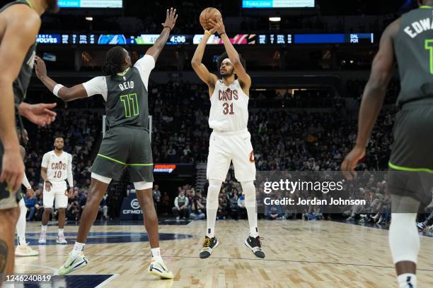 Jarrett Allen of the Cleveland Cavaliers shoots the ball during the game against the Minnesota Timberwolves on January 14, 2023 at Target Center in...