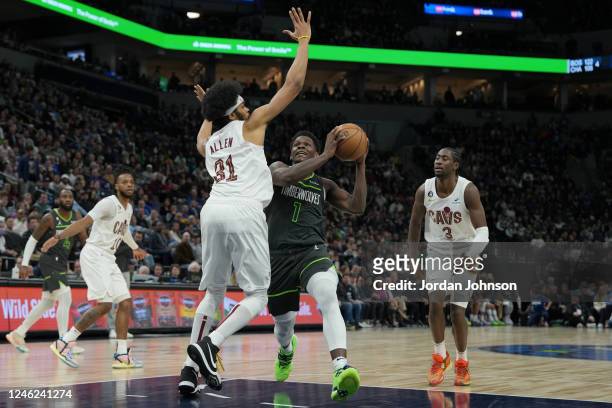 Anthony Edwards of the Minnesota Timberwolves drives to the basket during the game against the Cleveland Cavaliers on January 14, 2023 at Target...