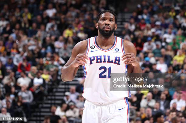 Joel Embiid of the Philadelphia 76ers looks on during the game against the Utah Jazz on January 14, 2023 at vivint.SmartHome Arena in Salt Lake City,...