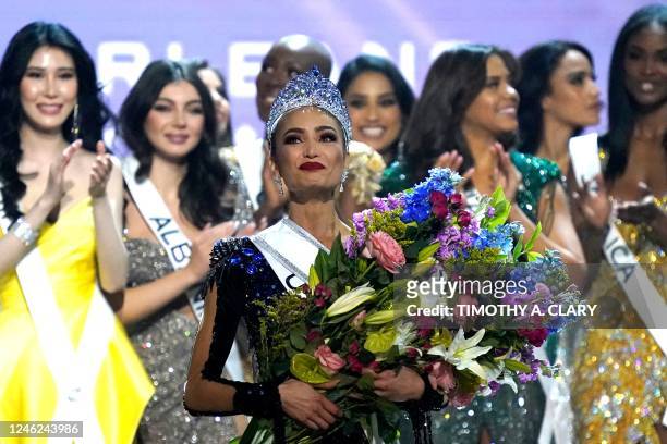 Miss USA R'Bonney Gabriel celebrates after winning the 71st Miss Universe competition at the New Orleans Ernest N. Morial Convention Center in New...