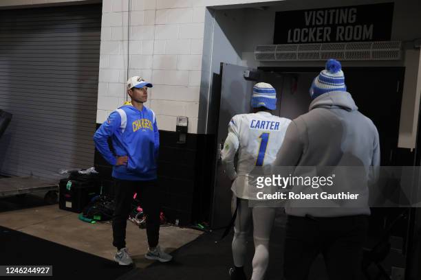 Jacksonville, Florida, January 14, 2023 - Head coach Brandon Staley stands washes in stunned silence as players file past him after losing 32-30 to...