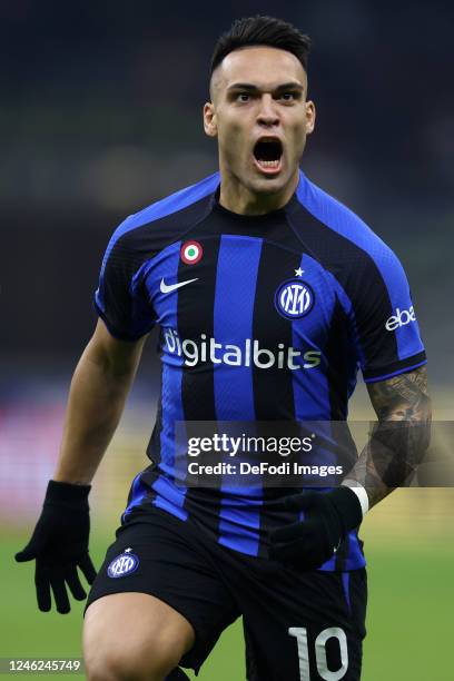 Lautaro Martinez of FC Internazionale celebrates after scoring his team's first goal during the Serie A match between FC Internazionale and Hellas...