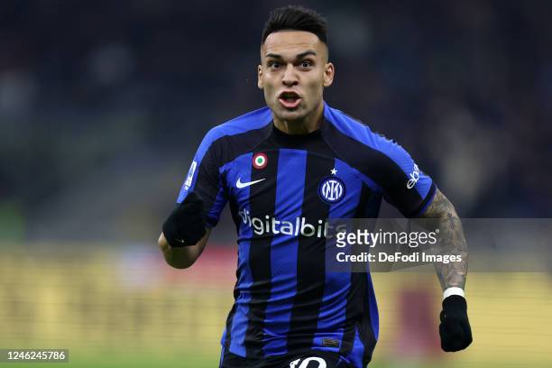 Lautaro Martinez of FC Internazionale celebrates after scoring his team's first goal during the Serie A match between FC Internazionale and Hellas...