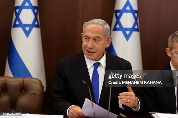 Israeli Prime Minister Benjamin Netanyahu , chairs a weekly cabinet meeting at the Prime Minister's office in Jerusalem, on January 15, 2023.