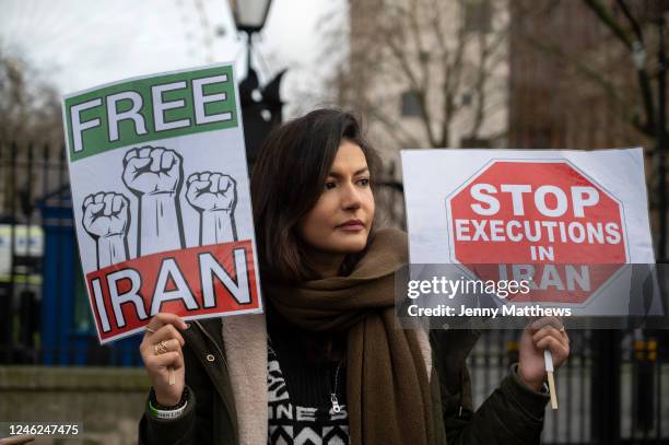 Group of Iranians demonstrate for change in Iran and against execution opposite Downing Street on January 14th 2023 in London, United Kingdom.