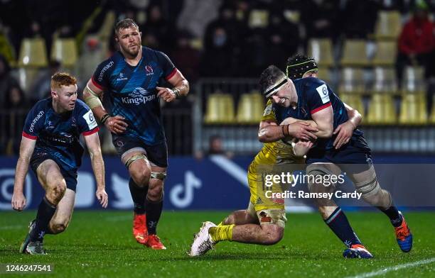 La Rochelle , France - 14 January 2023; Harry Sheridan of Ulster is tackled by Grégory Alldritt of La Rochelle during the Heineken Champions Cup Pool...