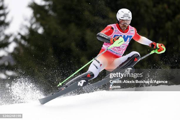 Marc Rochat of Team Switzerland in action during the Audi FIS Alpine Ski World Cup Men's Slalom on January 15, 2023 in Wengen, Switzerland.