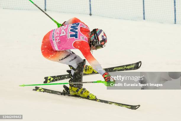 Luca Aerni of Switzerland in action during the Audi FIS Alpine Ski World Cup Mens Slalom at Lauberhorn on January 15, 2023 in Wengen, Switzerland.