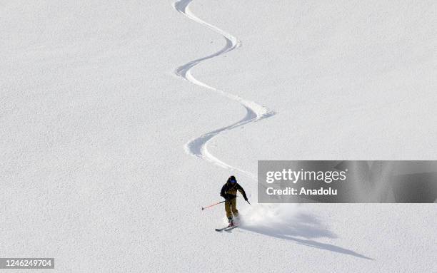 View of heli skiing at a ski resort located in Kackar Mountains in Camlihemsin district of Rize, Turkiye on January 13, 2023. While there is not...