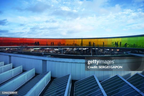 People visit 'Your rainbow panorama' by Danish-Icelandic artist Olafur Eliasson on top of the ARoS Art Museum in Aarhus, on January 15, 2023. - Your...