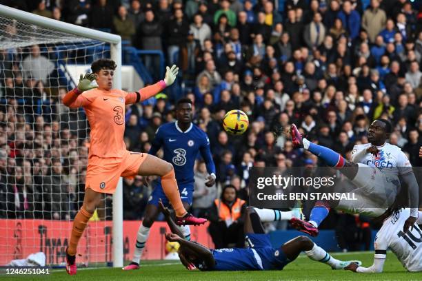 Crystal Palace's English defender Tyrick Mitchell has an unsuccessful shot on goal during the English Premier League football match between Chelsea...