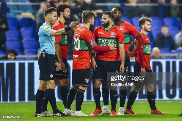 Referee Danny Makkelie sends Oussama Tannane of NEC Nijmegen off the field during the Dutch premier league match between Vitesse and NEC at the...