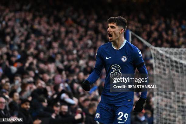 Chelsea's German midfielder Kai Havertz celebrates after scoring the opening goal during the English Premier League football match between Chelsea...