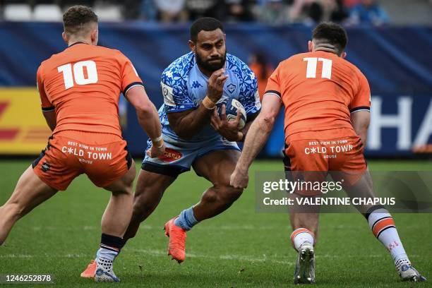 Castres' Fijian centre Adrea Cocagi runs with the ball during the European Rugby Champions Cup rugby union match between Castres Olympique and...