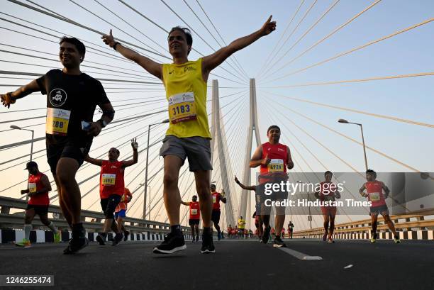 People take a part in a Half Marathon during the Tata Mumbai Marathon 2023 at Mahim, on January 15, 2023 in Mumbai, India.