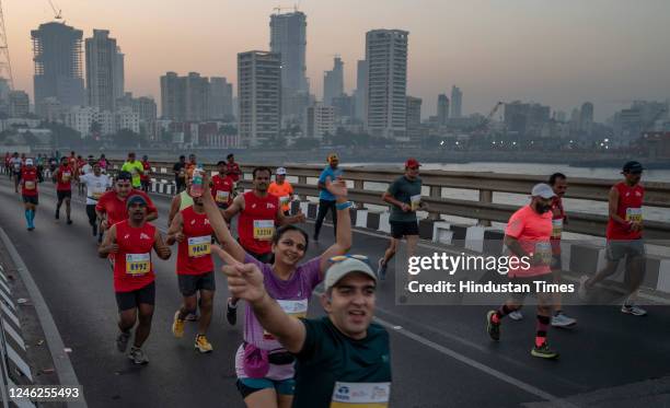 Mumbaikars take a part in the Tata Mumbai Marathon on January 15, 2023 in Mumbai, India.