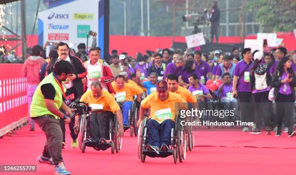Senior Citizens Run with Disability runners participated during the Tata Mumbai Marathon 2023, on January 15, 2023 in Mumbai, India.
