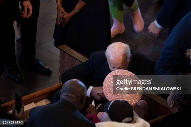 President Joe Biden greets Christine King Farris, Martin Luther King Jr.'s sister, after delivering a sermon at Ebenezer Baptist Church in Atlanta,...