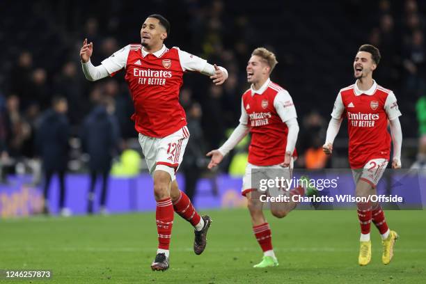 William Saliba, Emile Smith Rowe and Fabio Vieira of Arsenal celebrate during the Premier League match between Tottenham Hotspur and Arsenal FC at...