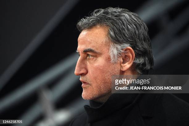 Paris Saint-Germain's French head coach Christophe Galtier looks on before the French L1 football match between Stade Rennais FC and Paris...