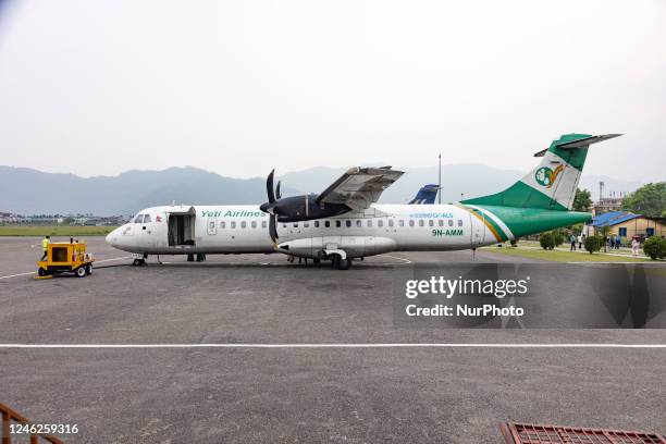 Yeti Airlines ATR 72 aircraft at Pokhara Airport. The ATR 72-500 turboprop airplane has the registration 9N-AMM and is powered by 2x PWC engines....