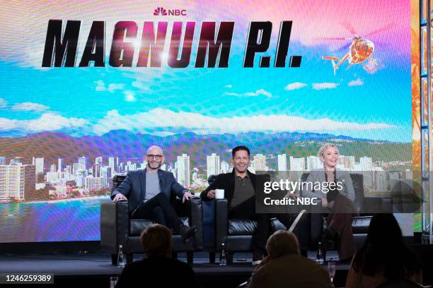 NBCUniversal Press Tour, January 15, 2023 - NBCs Magnum P.I. Panel -- Pictured: Eric Guggenheim, Showrunner / Executive Producer; Jay Hernandez,...