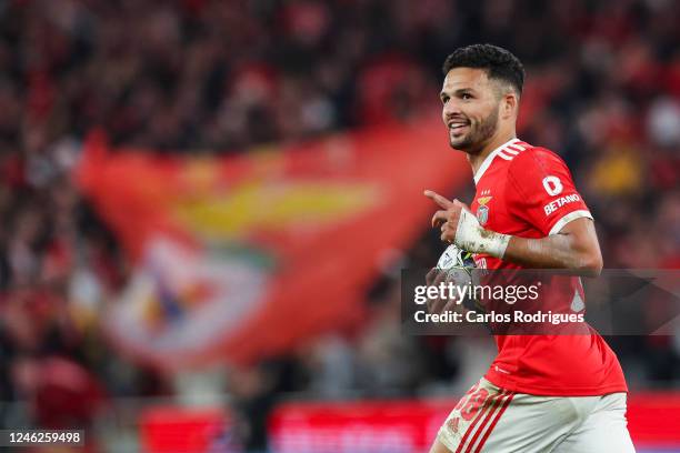 Goncalo Ramos of SL Benfica celebrates scoring SL Benfica second goal during the Liga Portugal Bwin match between SL Benfica and Sporting CP at...