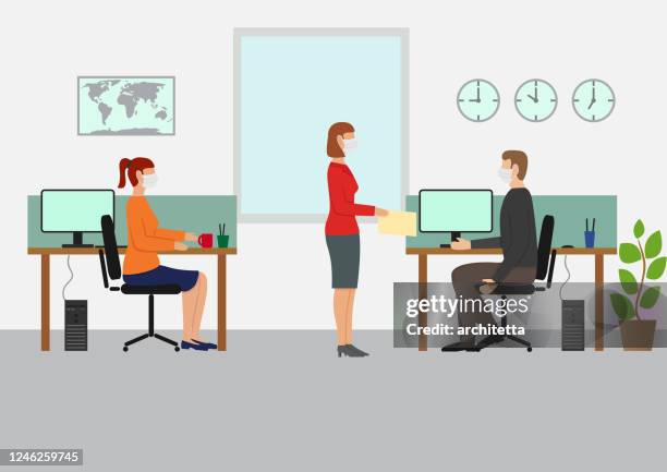 ilustrações de stock, clip art, desenhos animados e ícones de working with mask at the office - business woman desk stand