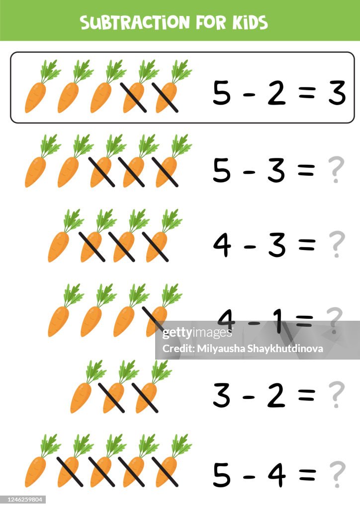 Subtraction Math Problem Cartoon Subtraction With Cartoon Carrots Math Game For Kids High-Res Vector ...
