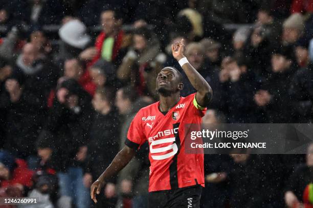 Rennes' Malian defender Hamari Traore celebrates after scoring a goal during the French L1 football match between Stade Rennais FC and Paris...