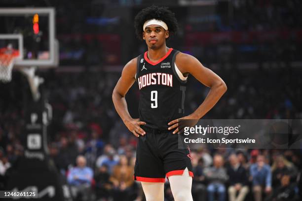 Houston Rockets Guard Josh Christopher looks on during a NBA game between the Houston Rockets and the Los Angeles Clippers on January 15, 2023 at...