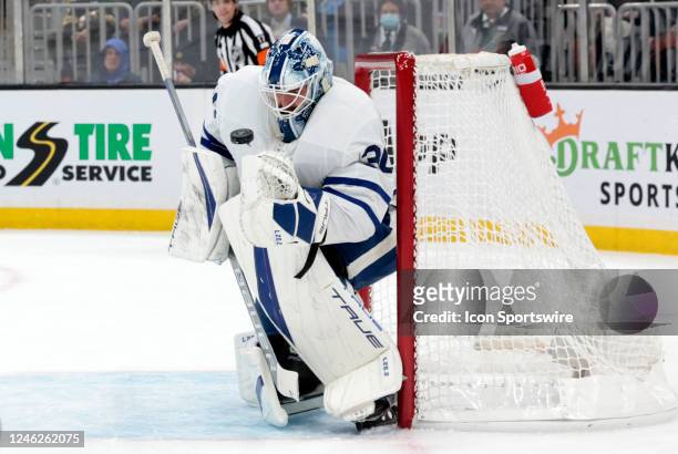 Toronto Maple Leafs goalie Matt Murray stops a shot during a game between the Boston Bruins and the Toronto Maple Leafs on January 14 at TD Garden in...