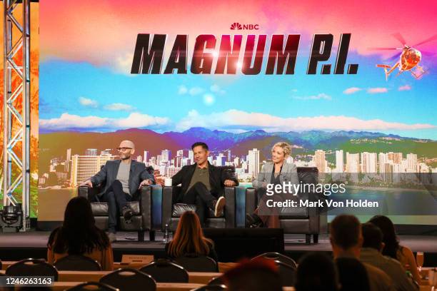 Eric Guggenheim, Jay Hernandez, and Perdita Weeks speak onstage during the "Magnum P.I." panel at the NBCUniversal presentations at the TCA Winter...
