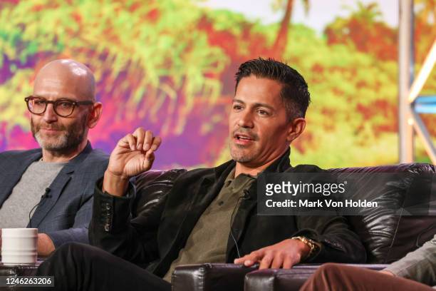 Eric Guggenheim and Jay Hernandez speak onstage during the "Magnum P.I." panel at the NBCUniversal presentations at the TCA Winter Press Tour held at...