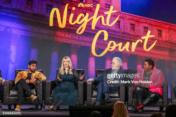 Kapil Talwalkar, Melissa Rauch, John Larroquette, and Lacretta speak onstage during the "Night Court" panel at the NBCUniversal presentations at the...